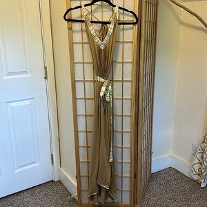 Tan, cotton, viscous, and Lycra tribal print summer dress. Handmade in India.